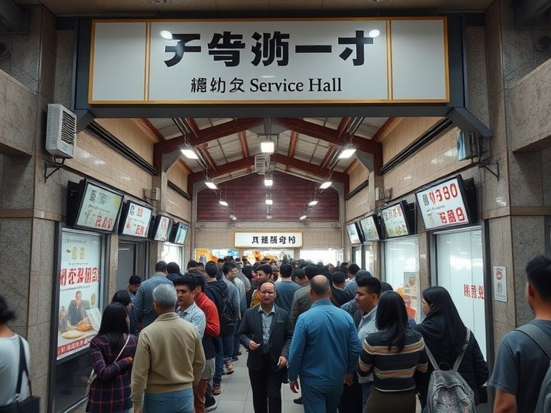 導入前 — すべての手続きが一つの列に並び、入口付近に待ち列が集中しています。